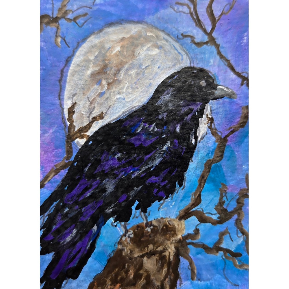 ACEO Raven Bird Moon Original Art Painting Acrylic 2.5x3.5 Black Purple Gothic